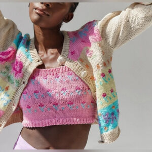 Tach Clothing Mayra Floral Knit Cropped Tank M Pink Cotton